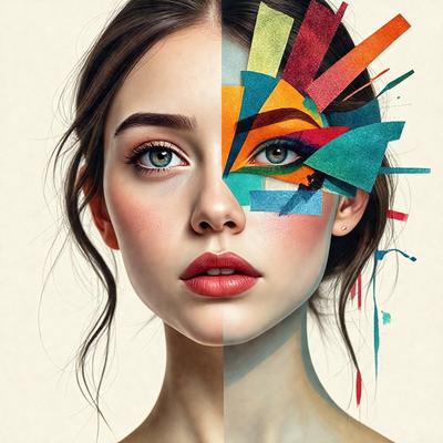 The primary subject of the image is a woman with a colorful makeup design on her face. She is wearing a combination of red, yellow, and blue colors, giving her a vibrant and lively appearance. The setting is a close-up of her face, showcasing her makeup and features. The visual style of the image is a digital art or illustration, with the woman's face being the main focus of the composition. The colors and mood of the image are energetic and lively,